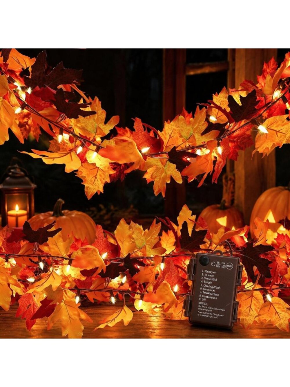 12Ft LED Fall Garland with 50 Lights, 8 Modes, Waterproof Maple Leaf Decor